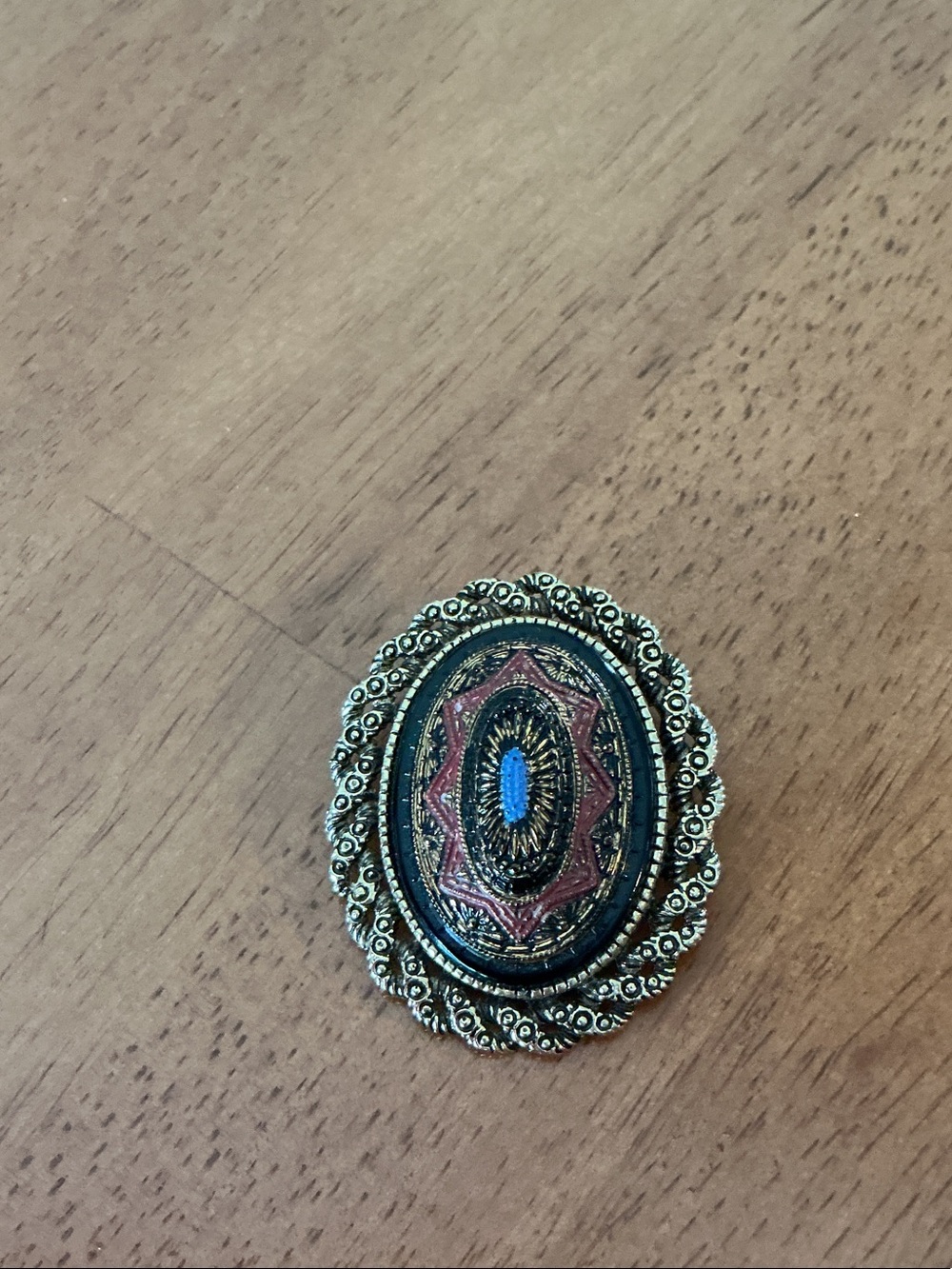 Vintage-Inspired Oval Statement Brooch in Black, Red & Blue